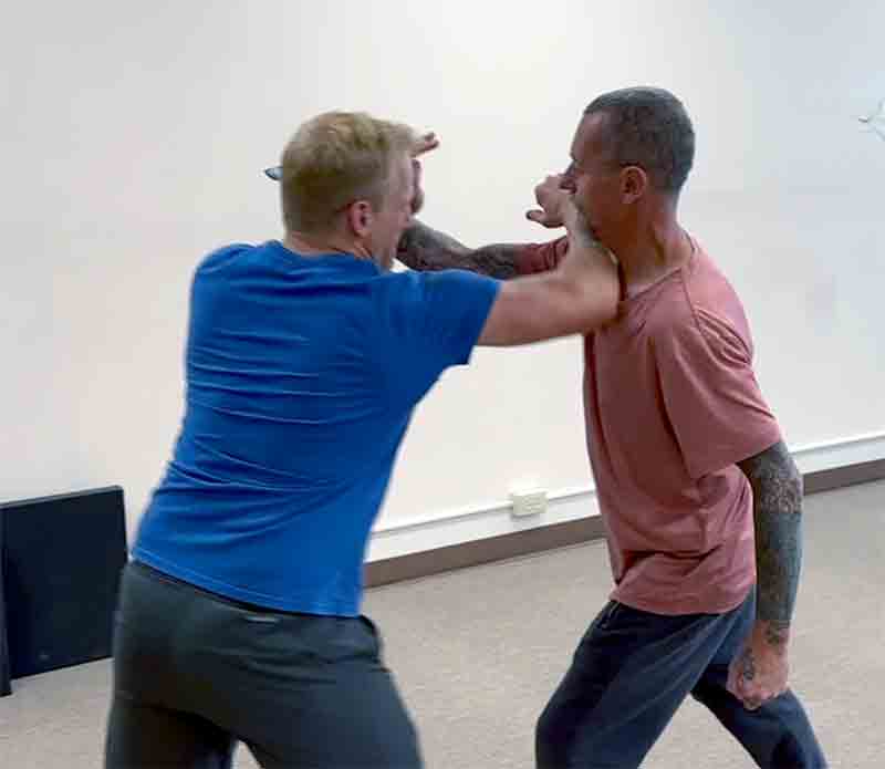 "Hit" ideally a forearm smash to the windpipe